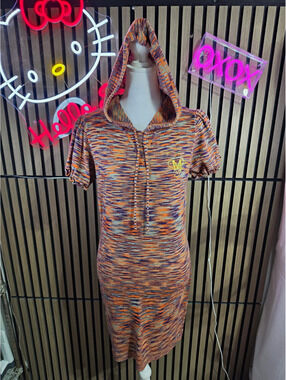 Mecca Femme Space Dye Knit Hoodie Sweater Dress L Short Sleeve Orange Purple